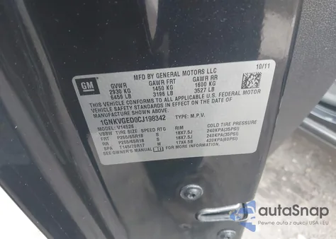 2012 Chevrolet Traverse 1Lt from USA, damaged, VIN 1GNKVGED0CJ198342